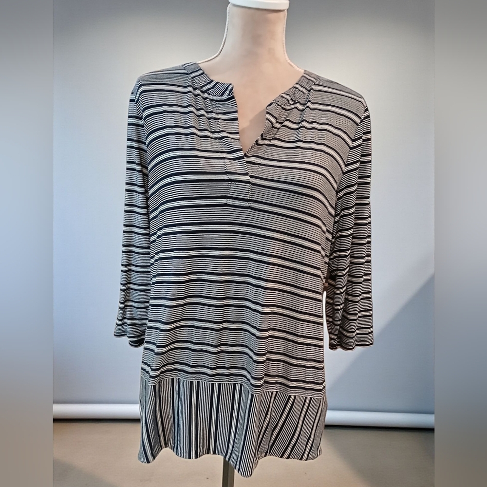 Talbots Blue White Stripe Plus Womans 1x Minimalist Preppy 3/4 Sleeves